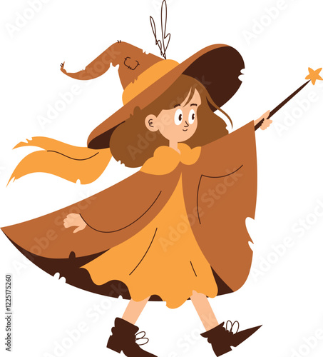 Cartoon Witch Girl Walking with Wand. A whimsical illustration of a cartoon witch girl walking confidently, wearing a hat and cloak, holding a magical wand.