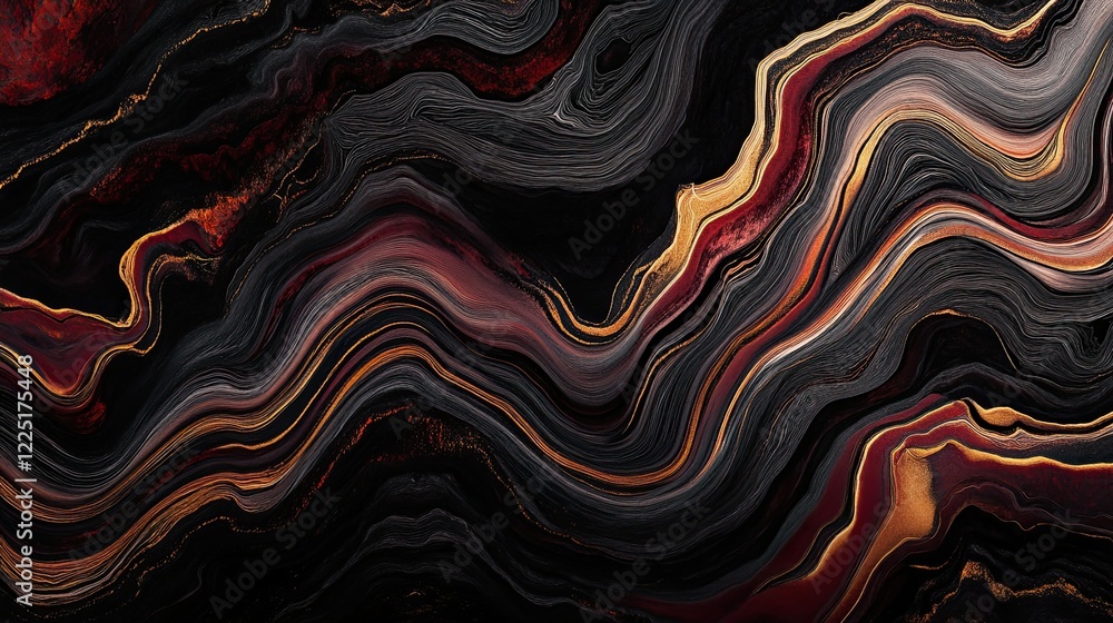 Abstract textured design with flowing lines in gold red black and grey colors Abstract textured design with flowing lines in gold red black and grey colors