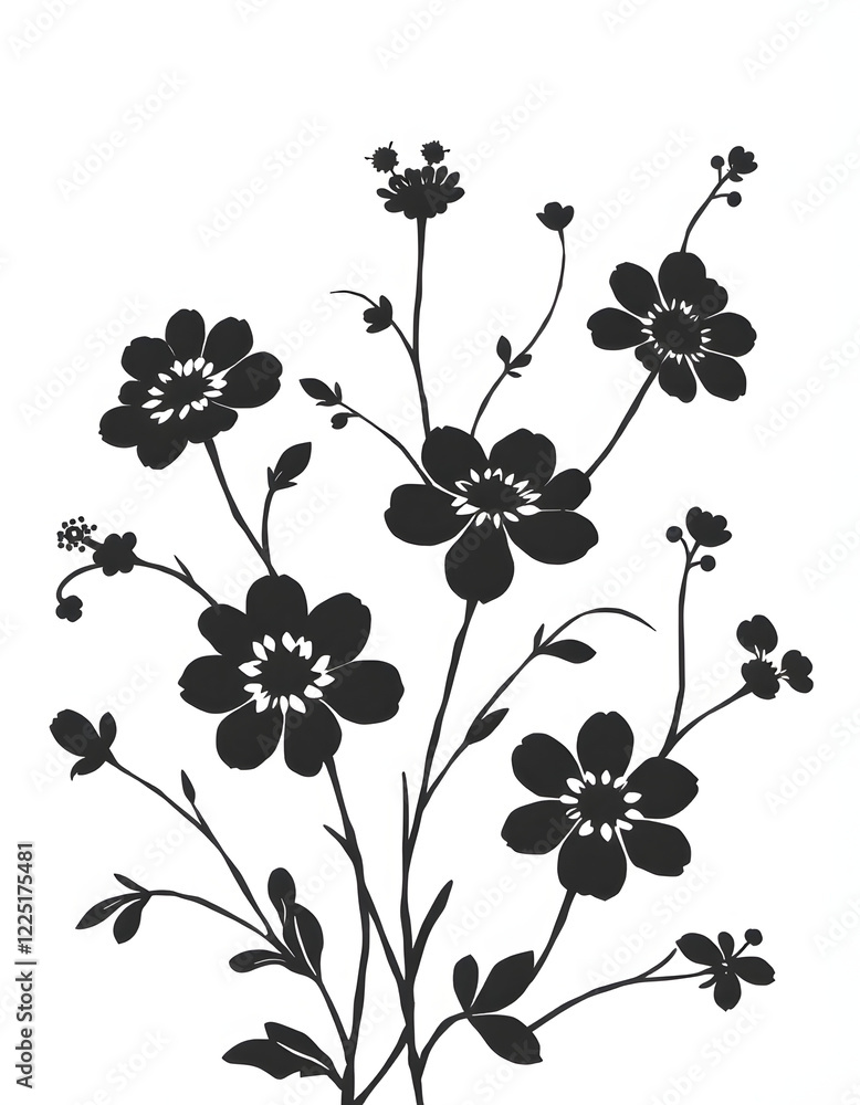 Fototapeta premium Greyscale illustration of a floral pattern on a plain white background, silhouette