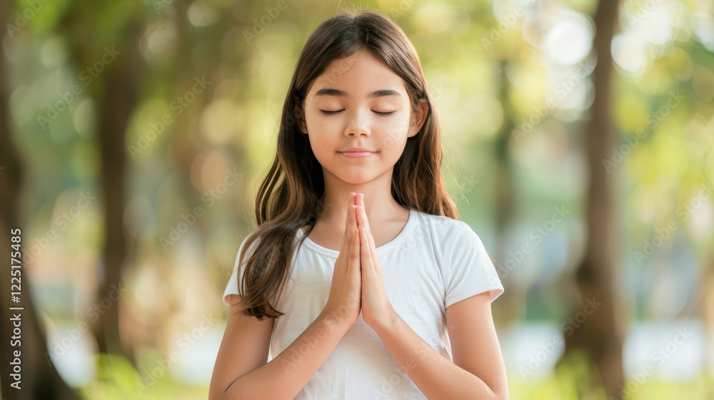 young girl practices yoga in serene park setting, focusing on mindfulness and relaxation