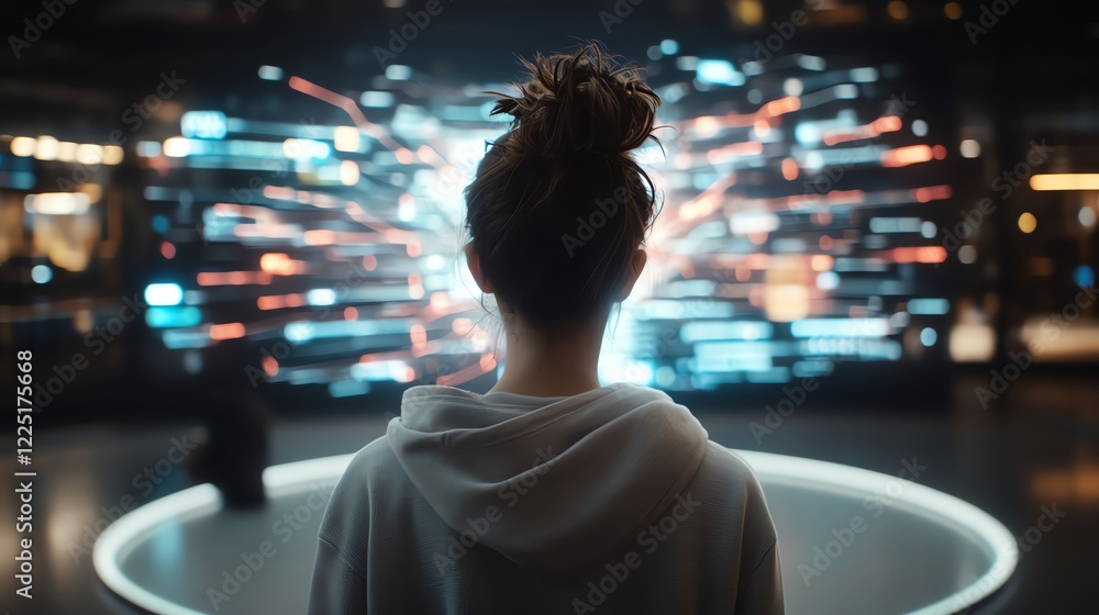 Fototapeta premium A person gazes at a large screen displaying a dynamic digital interface with vibrant connections, symbolizing innovation and the future of technology.