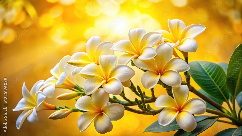 Fototapeta premium A vivid, detailed close-up of a white plumeria blossom against a bright yellow tropical landscape, perfect for a nature wallpaper.