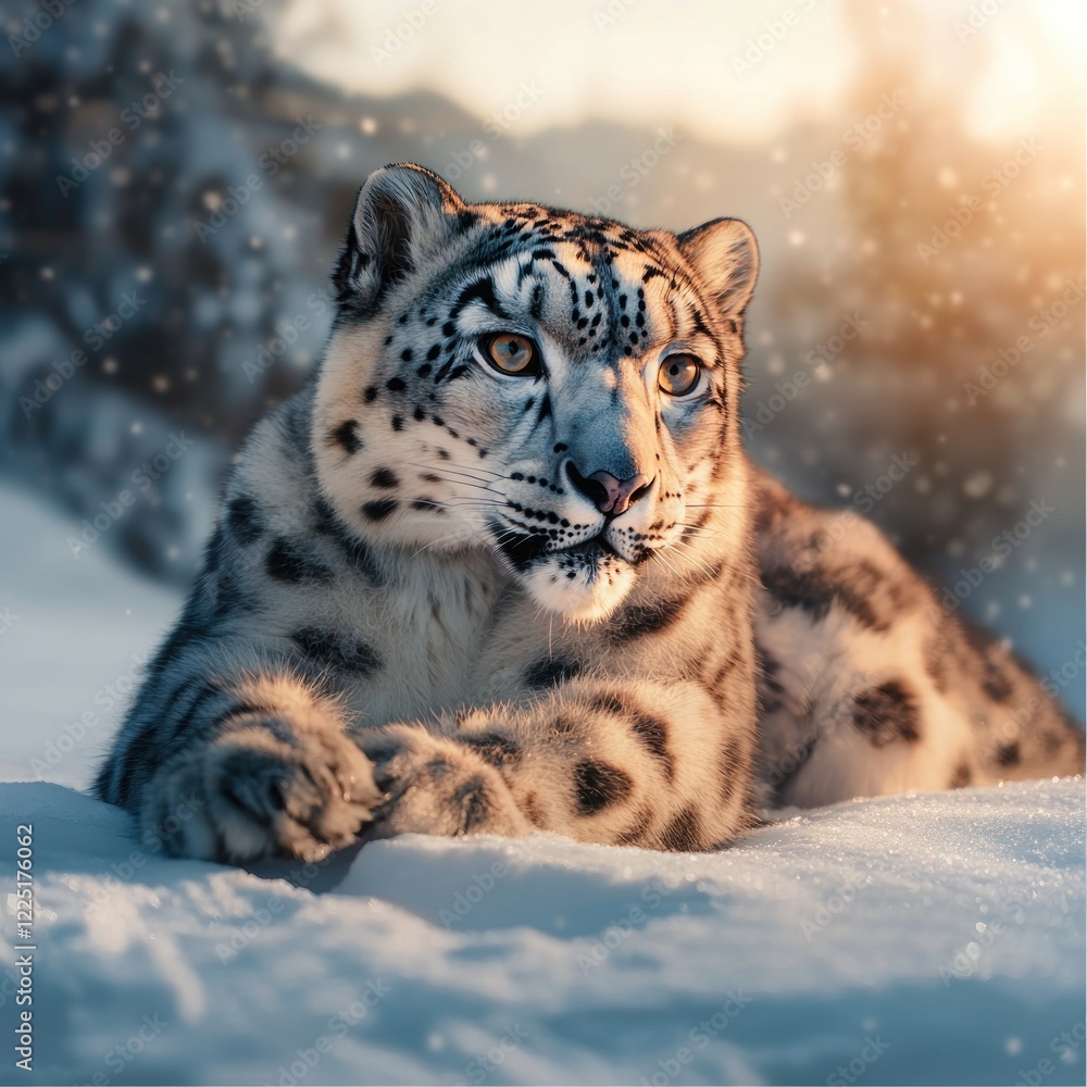 Fototapeta premium Majestic snow leopard resting in snowy mountain habitat during sunset.