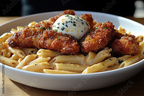 Crispy chicken tenders atop creamy penne pasta with a dollop of burrata cheese A flavorful and satisfying dish photo