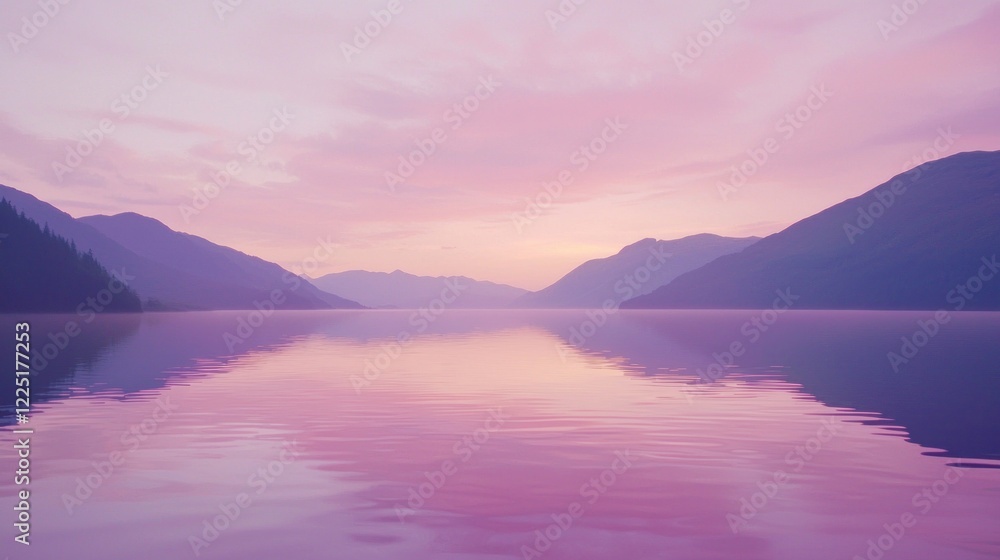 Serene pink sunrise over calm lake reflecting mountains. Serene pink sunrise over calm lake reflecting mountains.
