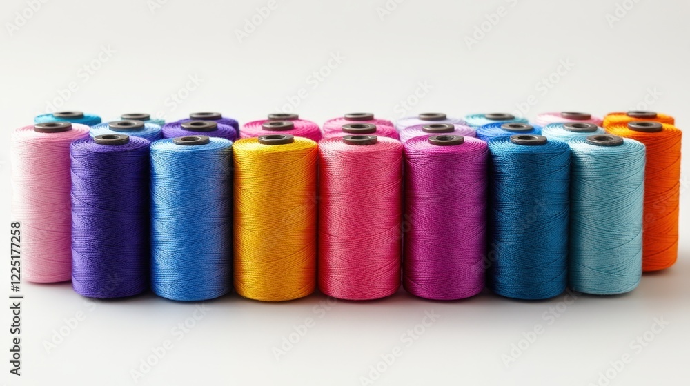 Colorful spools of thread arranged in a vibrant display Colorful spools of thread arranged in a vibrant display