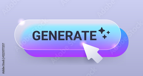 Blue glass morphism generate button on gray background. Vector app element illustration