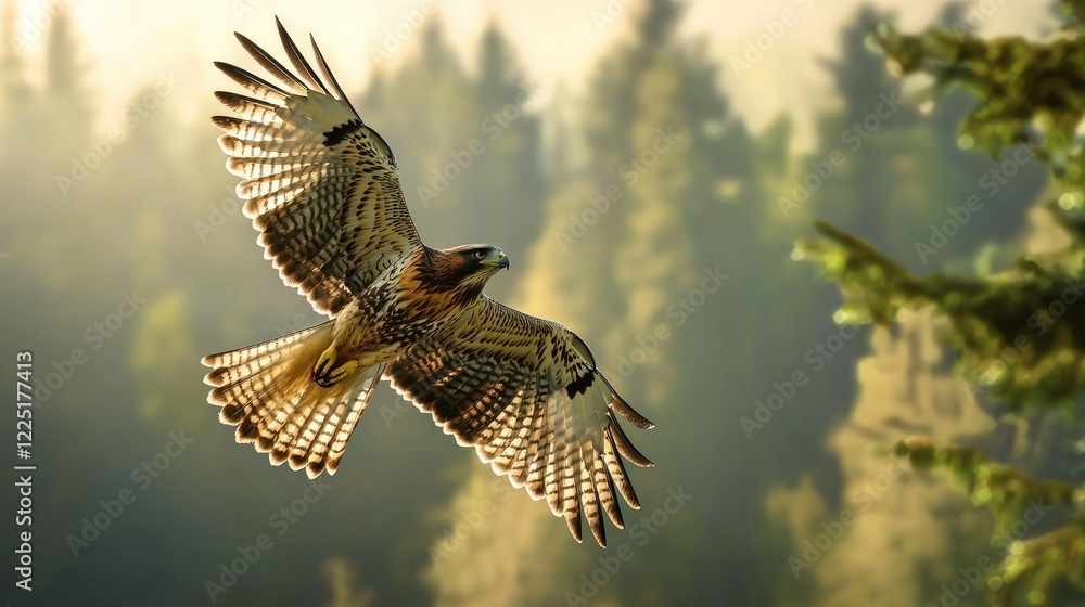 Fototapeta premium Majestic hawk in flight over misty forest.