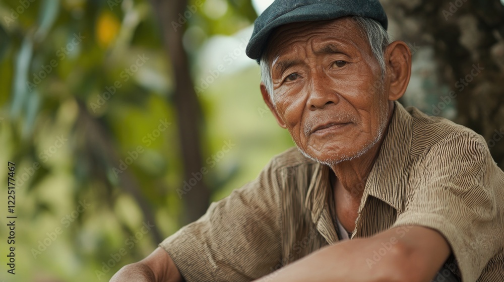 Old man with serious expression sitting outdoors in nature wearing a cap and a striped shirt with greenery in the background Copy Space Old man with serious expression sitting outdoors in nature wearing a cap and a striped shirt with greenery in the background Copy Space