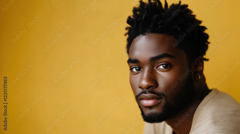 Obraz premium Portrait of young man with textured black hair against yellow background with soft lighting and neutral expression Copy Space