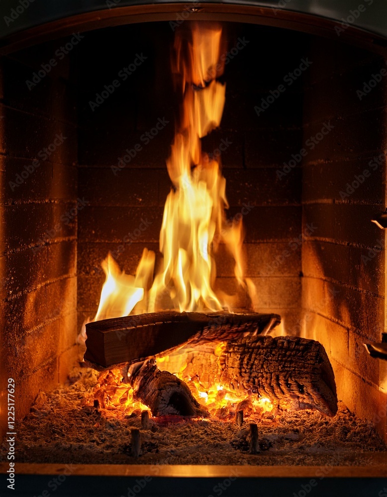 Flames flicker enthusiastically in a cozy fireplace, illuminating the logs and ashes. The warmth radiates, inviting relaxation and comfort to the space
