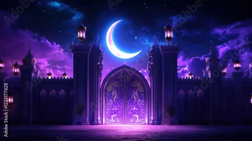 Enchanting night at moonlit palace gates under starry sky with glowing crescent and illuminated lanterns