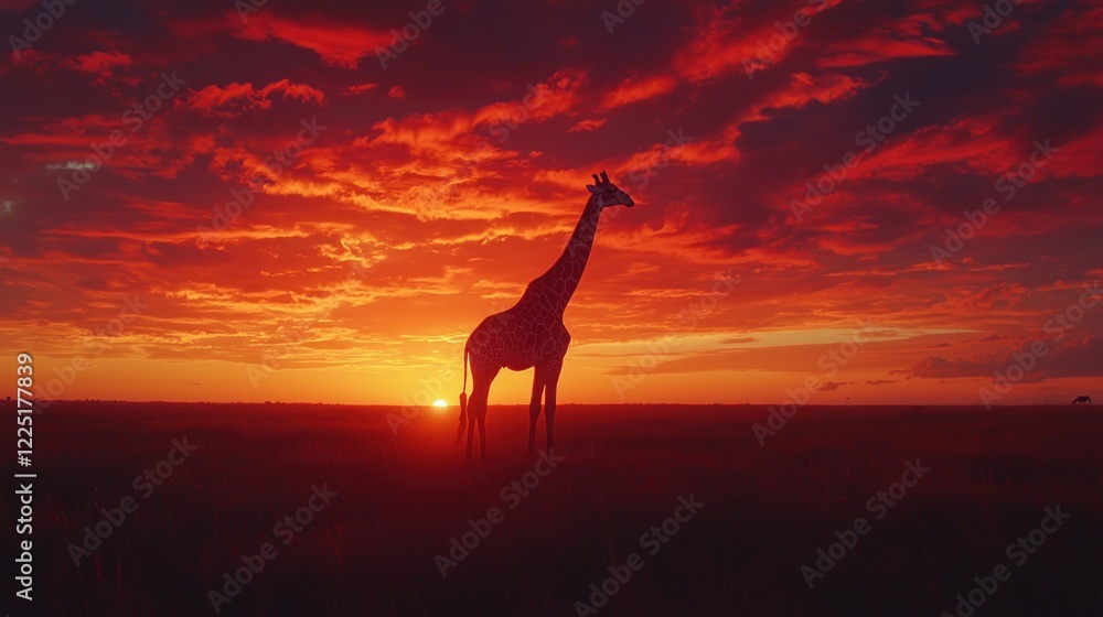 Giraffe silhouetted against a vibrant red sunset over the savanna. Giraffe silhouetted against a vibrant red sunset over the savanna.