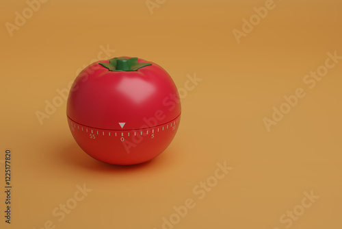 Tomato shaped kitchen timer isolated on orange background with copy space. Pomodoro technique concept. 3d illustration.