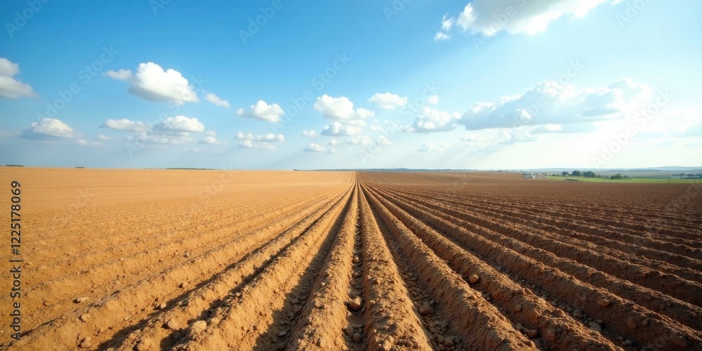 Obraz premium Vast agricultural field prepared for planting under a bright, sunny sky with fluffy cumulus clouds