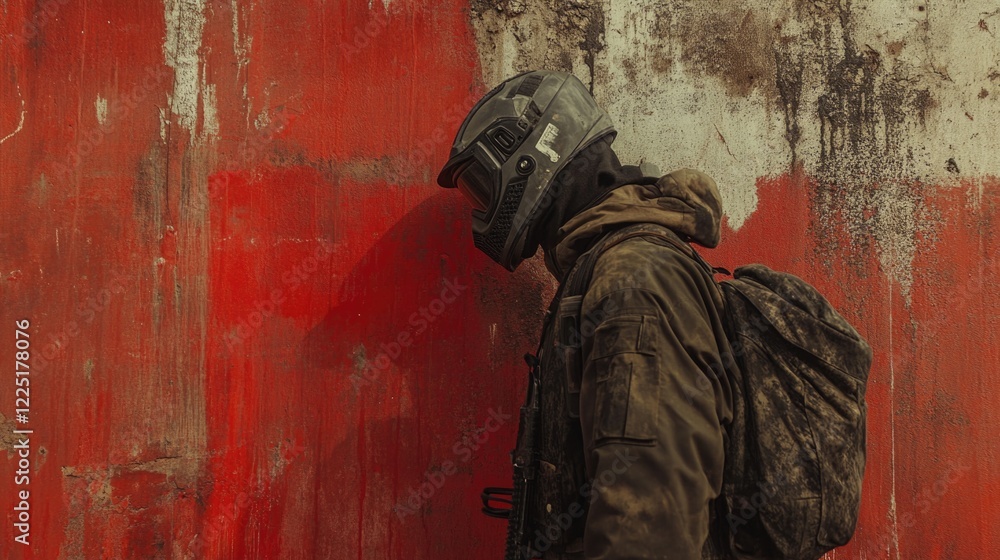 Fototapeta premium Soldier in tactical gear with helmet leaning against a weathered red wall with backpack Copy Space