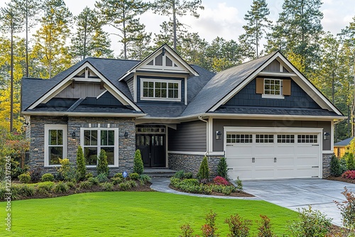 Craftsman-style home nestled in a wooded setting showcasing stone accents and a well-manicured lawn