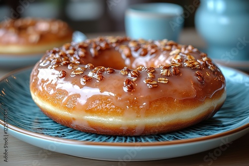 A glazed donut topped with crunchy pecans and a caramel-like icing sits on a plate photo