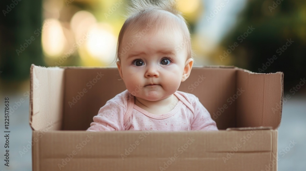 Baby sitting in cardboard box with neutral expression outdoors, natural lighting, shallow depth of field, copy space available Baby sitting in cardboard box with neutral expression outdoors, natural lighting, shallow depth of field, copy space available