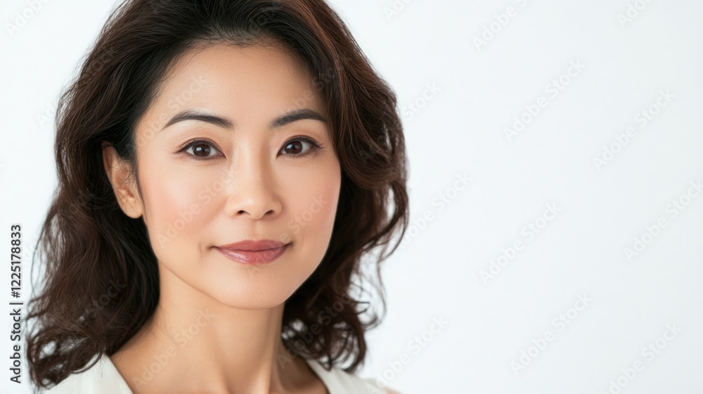 Portrait of an Asian woman with shoulder-length dark hair and a neutral expression on a light background Copy Space Portrait of an Asian woman with shoulder-length dark hair and a neutral expression on a light background Copy Space