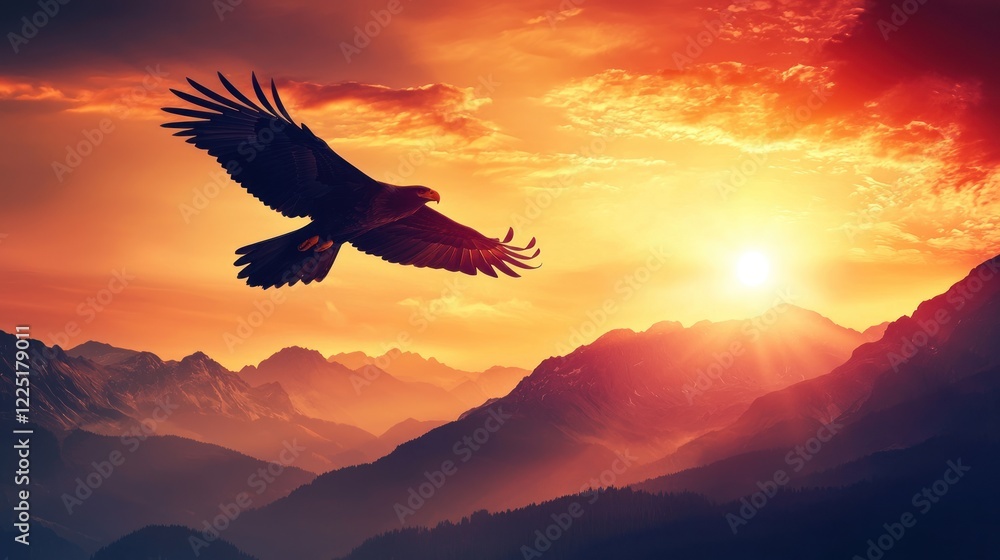 Majestic eagle soaring at sunset over majestic mountains.