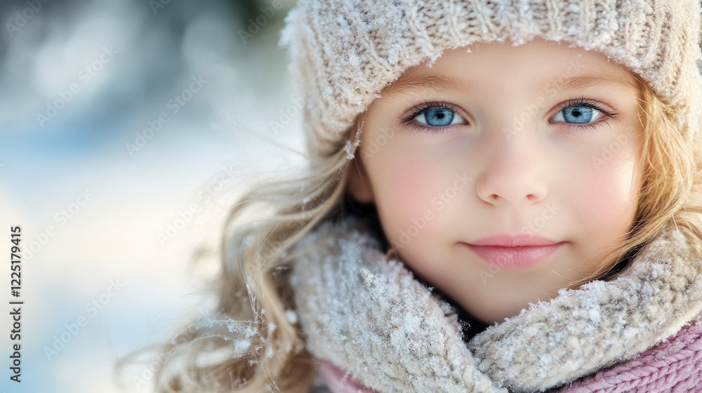 Portrait of young girl with blue eyes wearing warm hat and scarf in snowy winter landscape Copy Space Portrait of young girl with blue eyes wearing warm hat and scarf in snowy winter landscape Copy Space