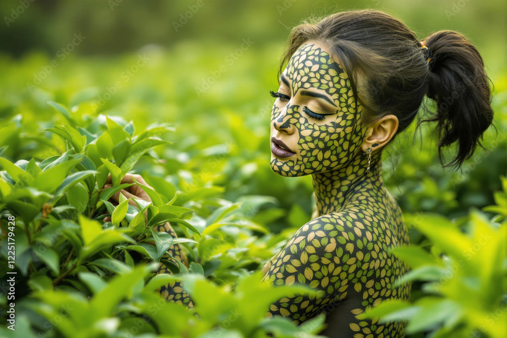 Obraz premium Attractive sexy woman in tea plantation setting. Body painting with tea leaves patterns. Promotion of natural food concept.