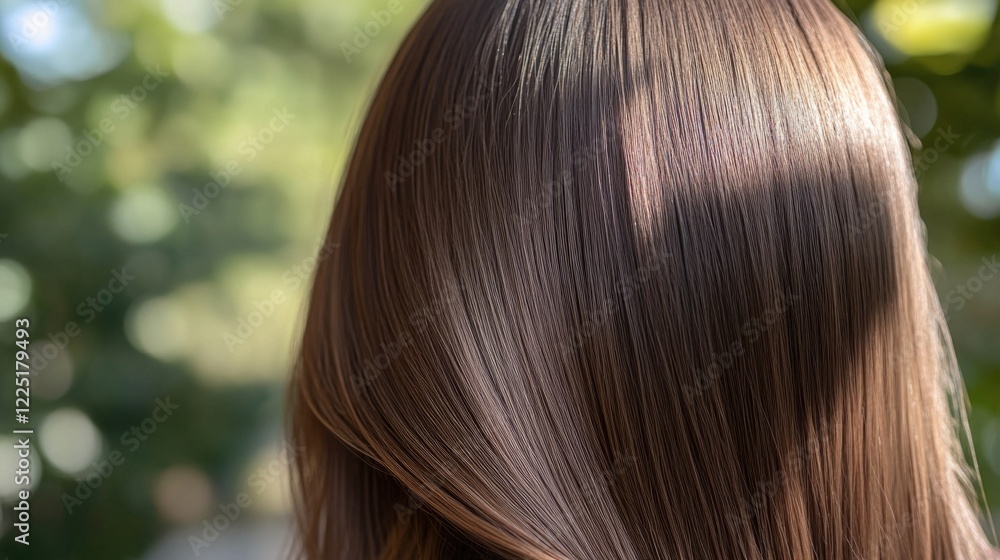 Close-up of smooth shiny brown hair with natural lighting and a blurred green background Copy Space Close-up of smooth shiny brown hair with natural lighting and a blurred green background Copy Space