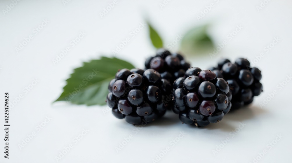 Close-up of three ripe blackberries with lush green leaves on a pristine white background Close-up of three ripe blackberries with lush green leaves on a pristine white background