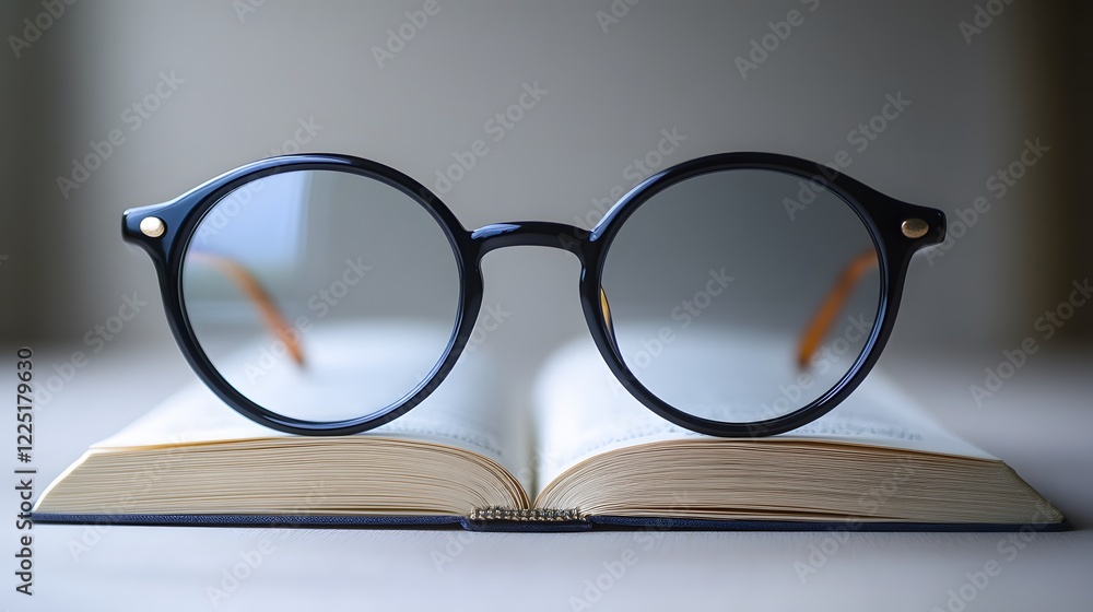 Black round glasses rest on closed book against pure white background. Minimalist composition emphasizes elegant simplicity through professional product photography with soft shadows and studio Black round glasses rest on closed book against pure white background. Minimalist composition emphasizes elegant simplicity through professional product photography with soft shadows and studio