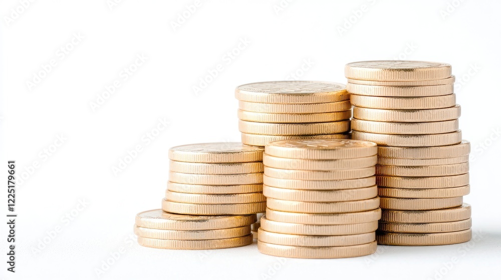 Gold coins stacked in ascending order on white background, illustrating financial growth and investment potential Gold coins stacked in ascending order on white background, illustrating financial growth and investment potential