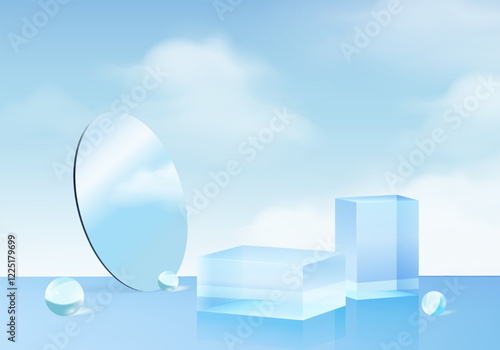 3d background products display podium scene with geometric platform. stand to show cosmetic products. Stage glass showcase on pedestal display blue studio. 3d glass podium vector render illustration