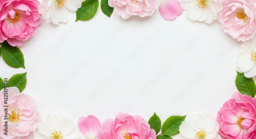 Pink and White Rose Flower Frame on White Background Pink and White Rose Flower Frame on White Background