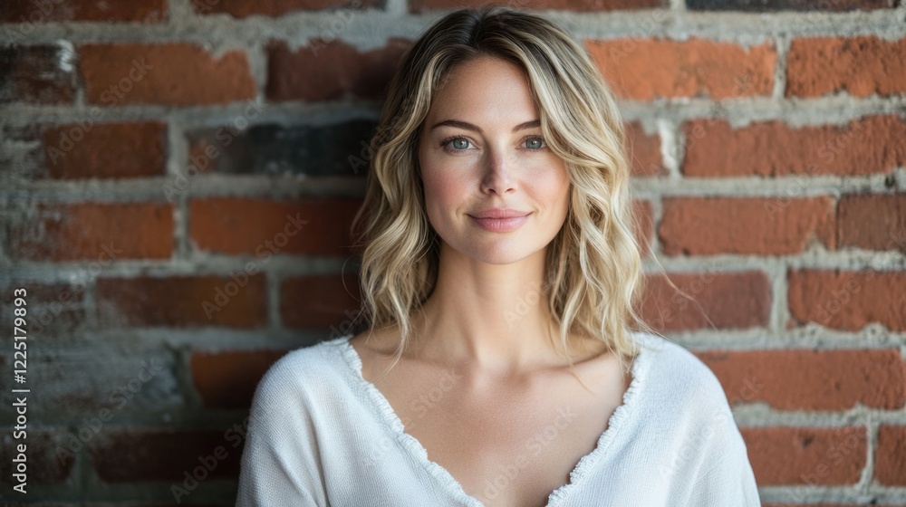 Portrait of a young woman smiling in front of a brick wall with a casual sweater and natural makeup Copy Space Portrait of a young woman smiling in front of a brick wall with a casual sweater and natural makeup Copy Space