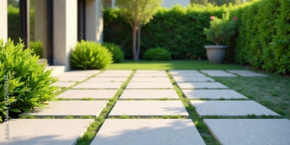 Obraz premium Serene Backyard Pathway Light-Colored Stone Tiles Embedded in Lush Green Grass Leading to a Modern Home