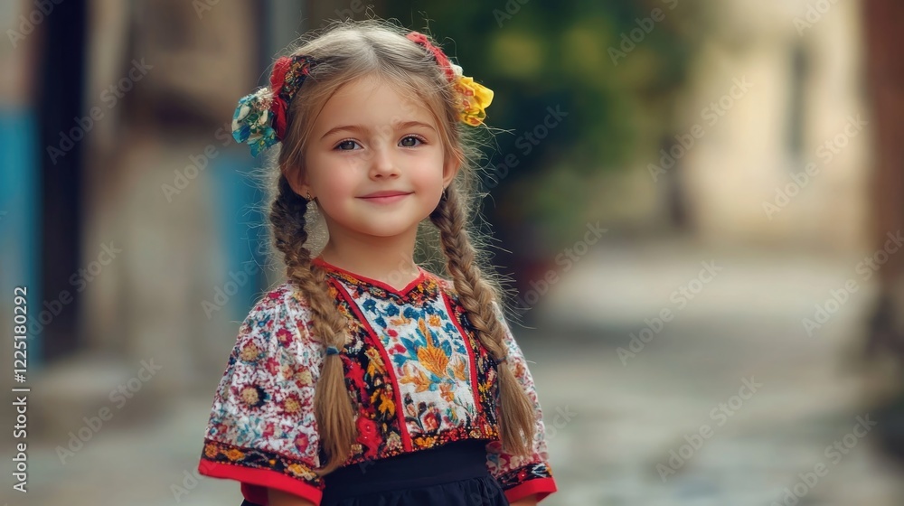 Young girl with braided hair wearing traditional embroidered clothing standing outdoors in a quaint village setting with soft background focus. Young girl with braided hair wearing traditional embroidered clothing standing outdoors in a quaint village setting with soft background focus.