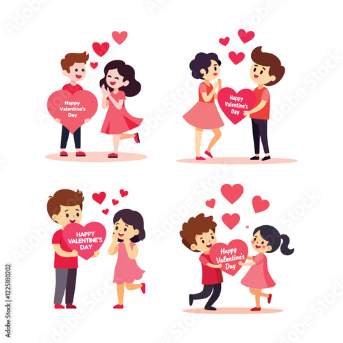 Four pairs of adorable cartoon children, dressed in pink attire, exchange and hold large red hearts, symbolizing Valentine's Day