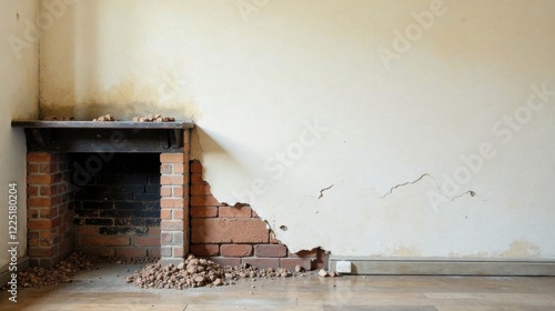 A dilapidated brick fireplace with damaged plaster reveals the underlying brickwork, showcasing a scene of neglect and disrepair in an older building.