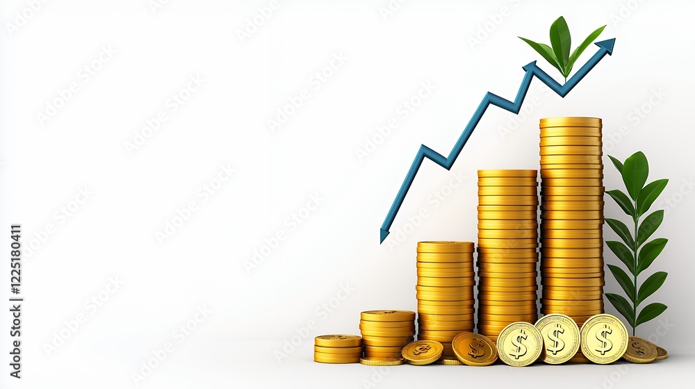 Growth in Finance with Stacked Coins and Green Plant Elements Growth in Finance with Stacked Coins and Green Plant Elements