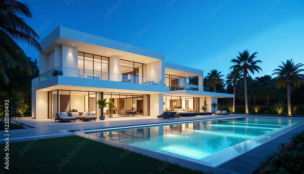 Fototapeta premium Modern luxury villa, minimalist architecture, white cubic structure, large glass windows, nighttime lighting, illuminated swimming pool, tropical landscaping, blue twilight sky,