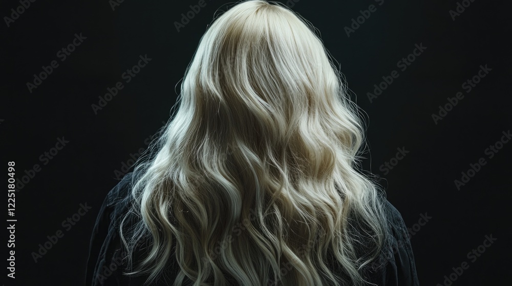 Naklejka premium Long wavy blonde hair viewed from the back against a dark background with soft lighting and shadows Copy Space