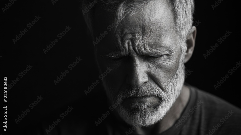 Emotional portrait of an older man with gray hair and beard expressing sadness against a dark background with copy space. Emotional portrait of an older man with gray hair and beard expressing sadness against a dark background with copy space.