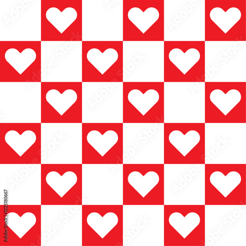 Checkerboard seamless Pattern with valentine heart symbols. Valentine's day red and white romantic chessboard vector design with hearts for textile, print, fabrics, wallpaper and background.