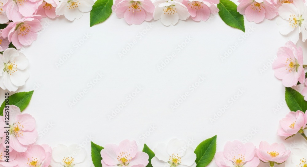 Floral Frame of Pink and White Apple Blossoms with Green Leaves Floral Frame of Pink and White Apple Blossoms with Green Leaves