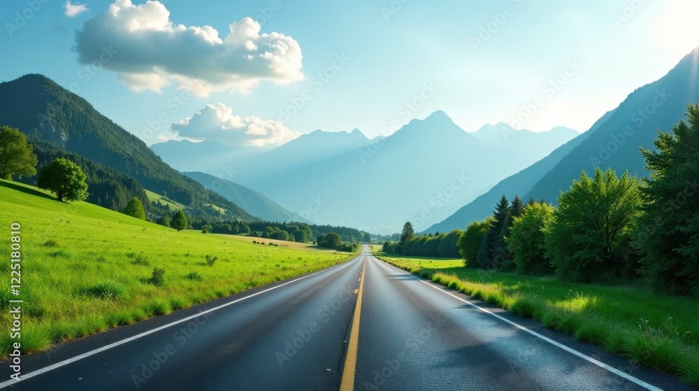 Naklejka premium Asphalt Road Cutting Through Lush Green Meadows and Majestic Mountains Under a Sunny Sky