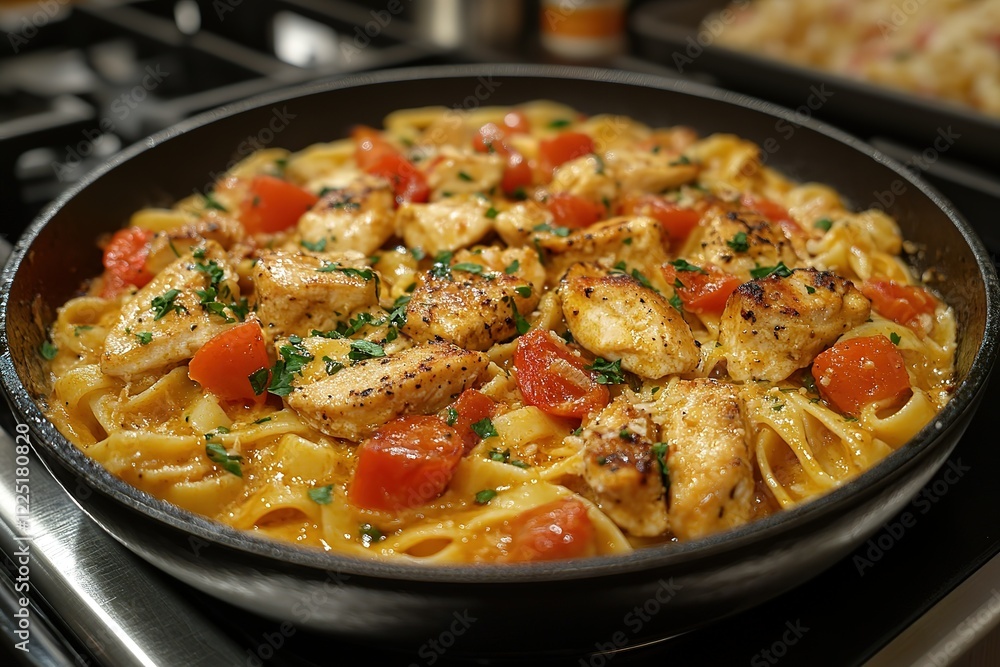 Creamy chicken pasta with roasted tomatoes in a skillet A simple delicious meal Creamy chicken pasta with roasted tomatoes in a skillet A simple delicious meal