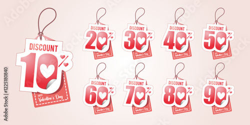 Valentine Sale Labels Collections Set. From Discount 10, 20, 30, 40, 50, 60, 70, 80, To 90 Percent Off. Happy Valentines Day Sign