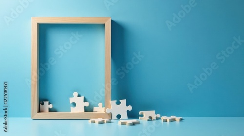 Unassembled Jigsaw Puzzle Pieces Near a Simple Wooden Frame Against a Light Blue Background photo