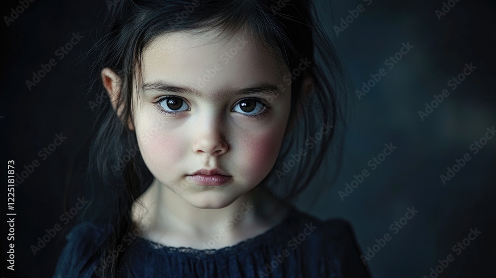 Portrait of young girl with dark hair and serious expression against dark background with copy space Portrait of young girl with dark hair and serious expression against dark background with copy space