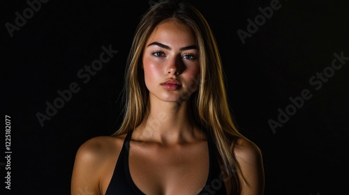 Wallpaper Mural Portrait of a young woman with long hair wearing a black outfit against a dark background with soft lighting and Copy Space Torontodigital.ca
